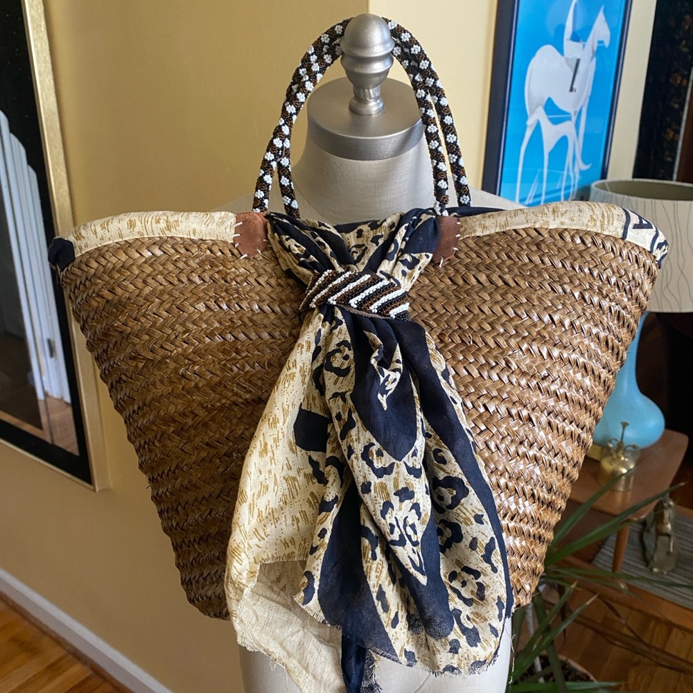 woven straw and beaded summer beach tote bag with scarf closure